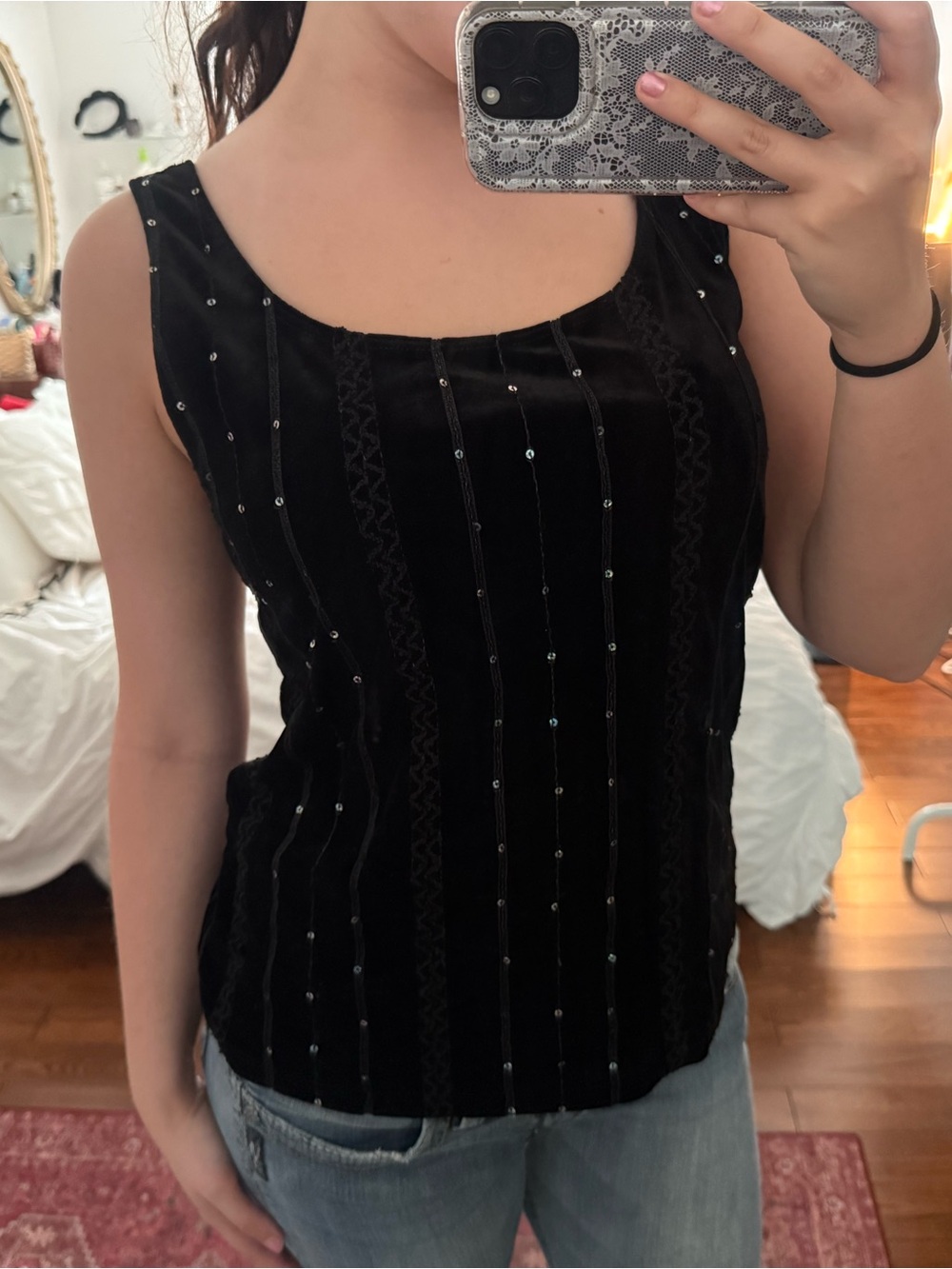 Vintage Arianne Black Velvet Beaded Scoop Neck Tank